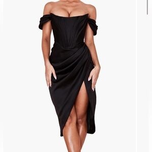 House of CB Black Loretta Off the Shoulder Satin Corset Dress